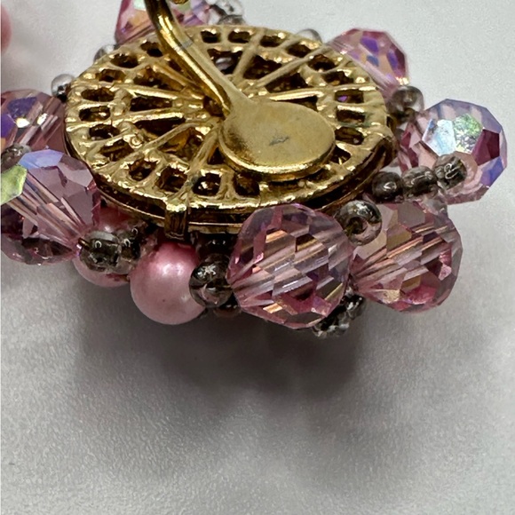 VTG Vendome Pink Beaded Cluster Clip Earrings Pat 280950 AB  Gold Tone 1950s - Picture 5 of 15